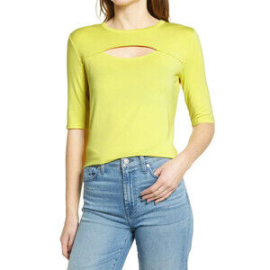 Halogen women's Cutout Elbow Sleeve Tencel Top In Yellow Sheen size XL
